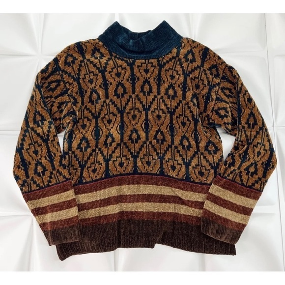 CB Milligan Brand Women Sz M Chenille Mock Neck Earthtone SOFT Boxy Sweater Fall